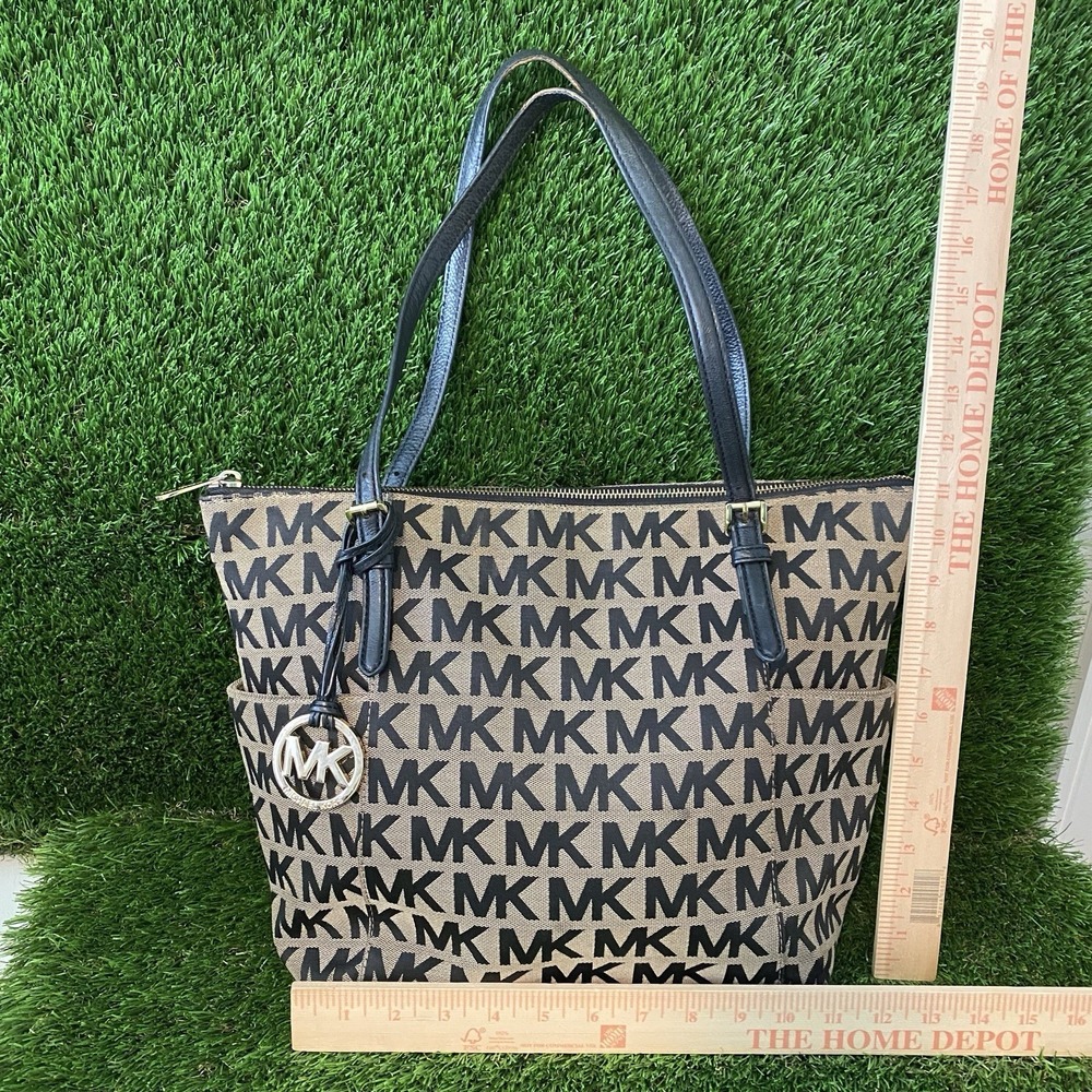 Michael Kors Signature Classic Black Monogram MK Jet Set Tote Hand Bag Purse - Picture 8 of 16